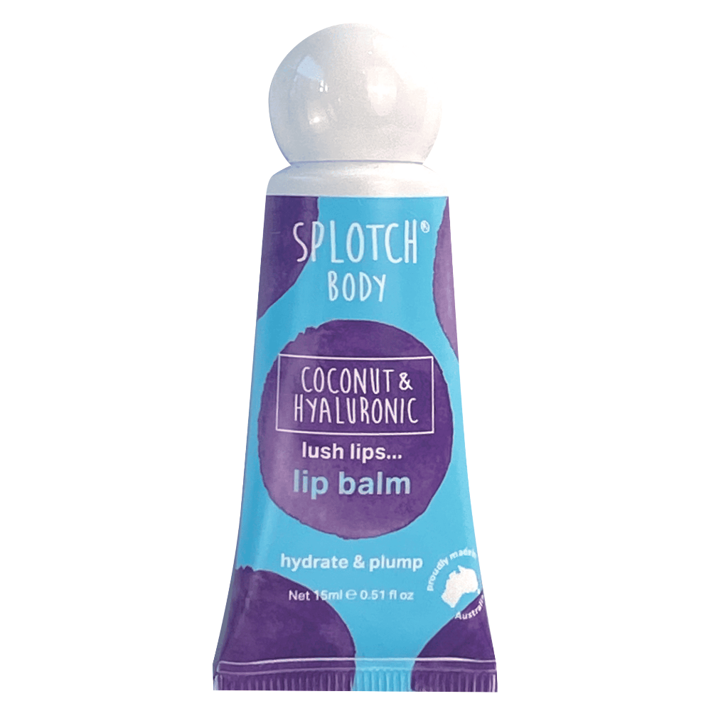 Splotch lip balm tube with purple and blue packaging on a white background