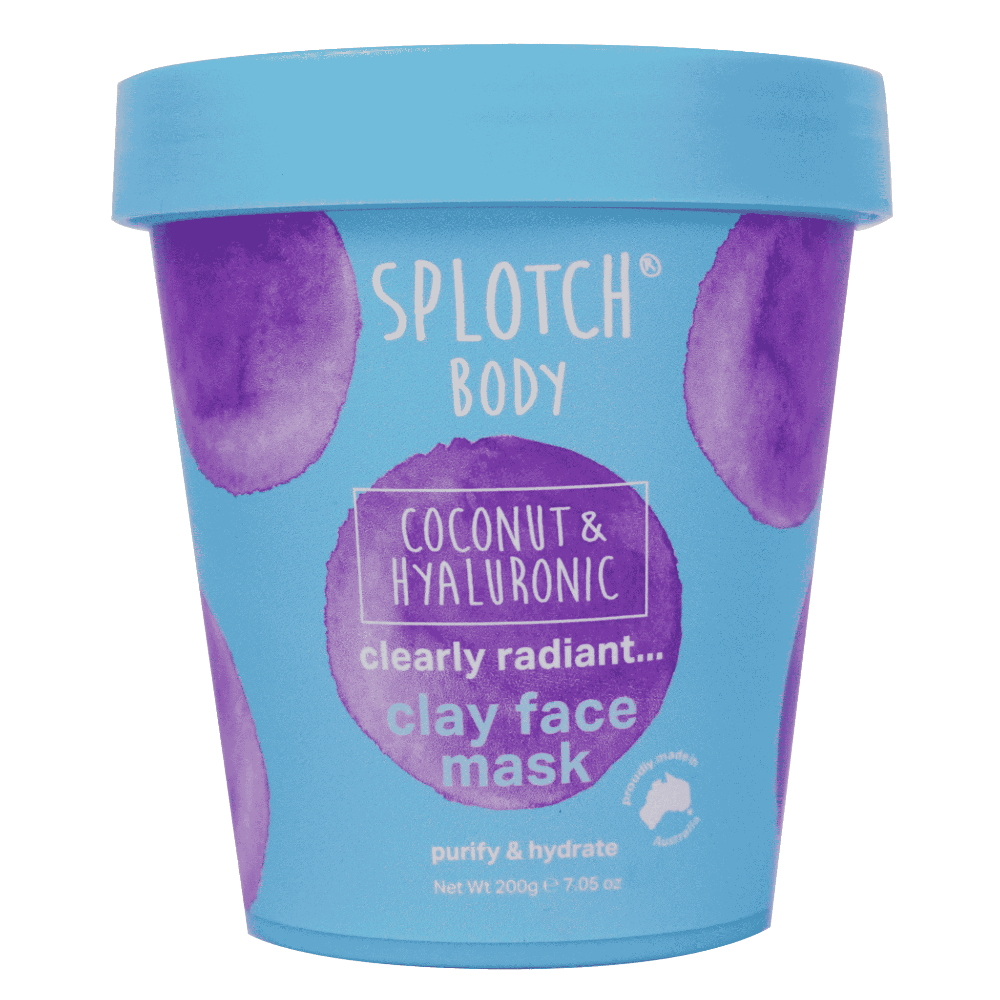 Blue container of Splotch Body coconut and hyaluronic clay face mask with purple accents on a white background