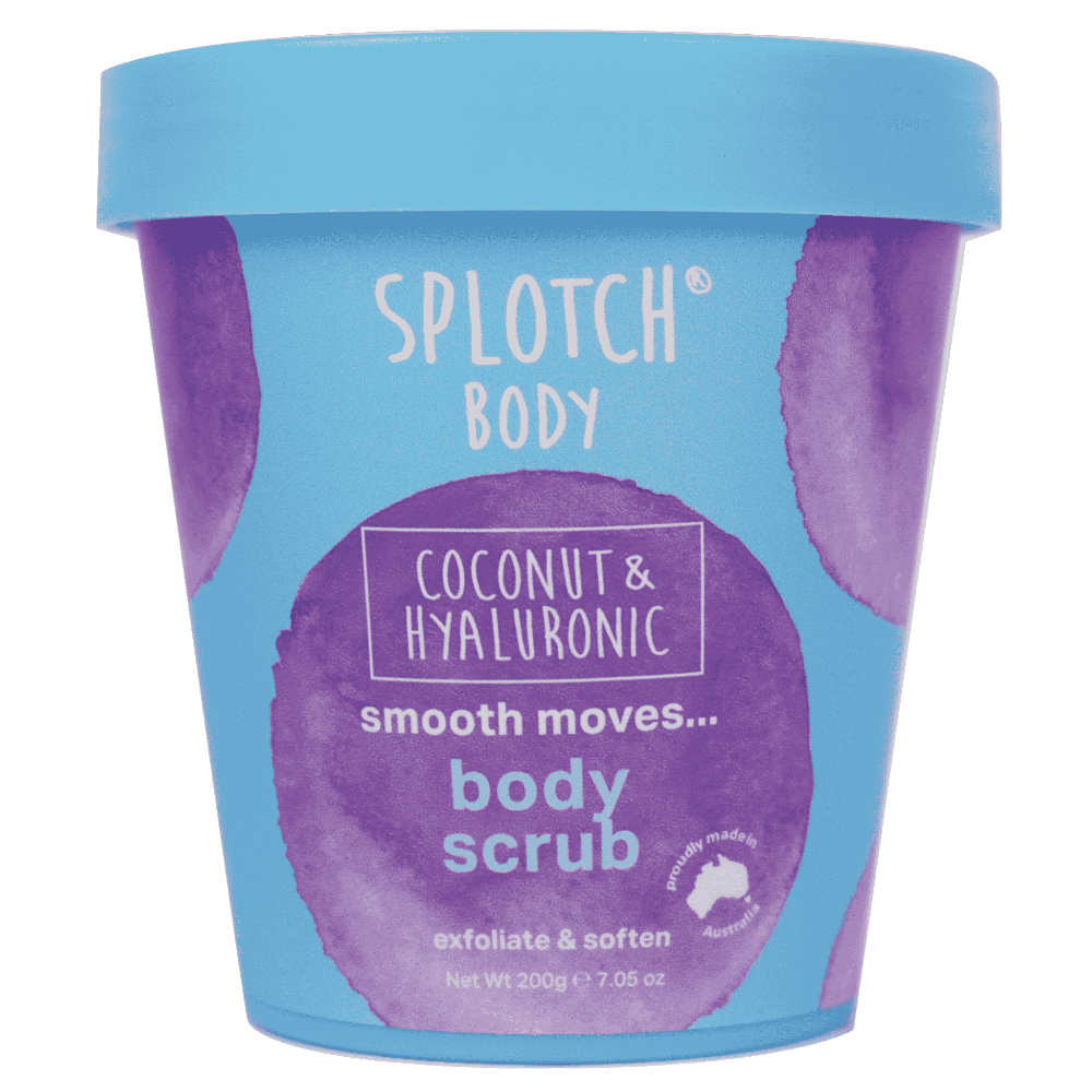 Splotch Body scrub container with blue and purple design on a white background
