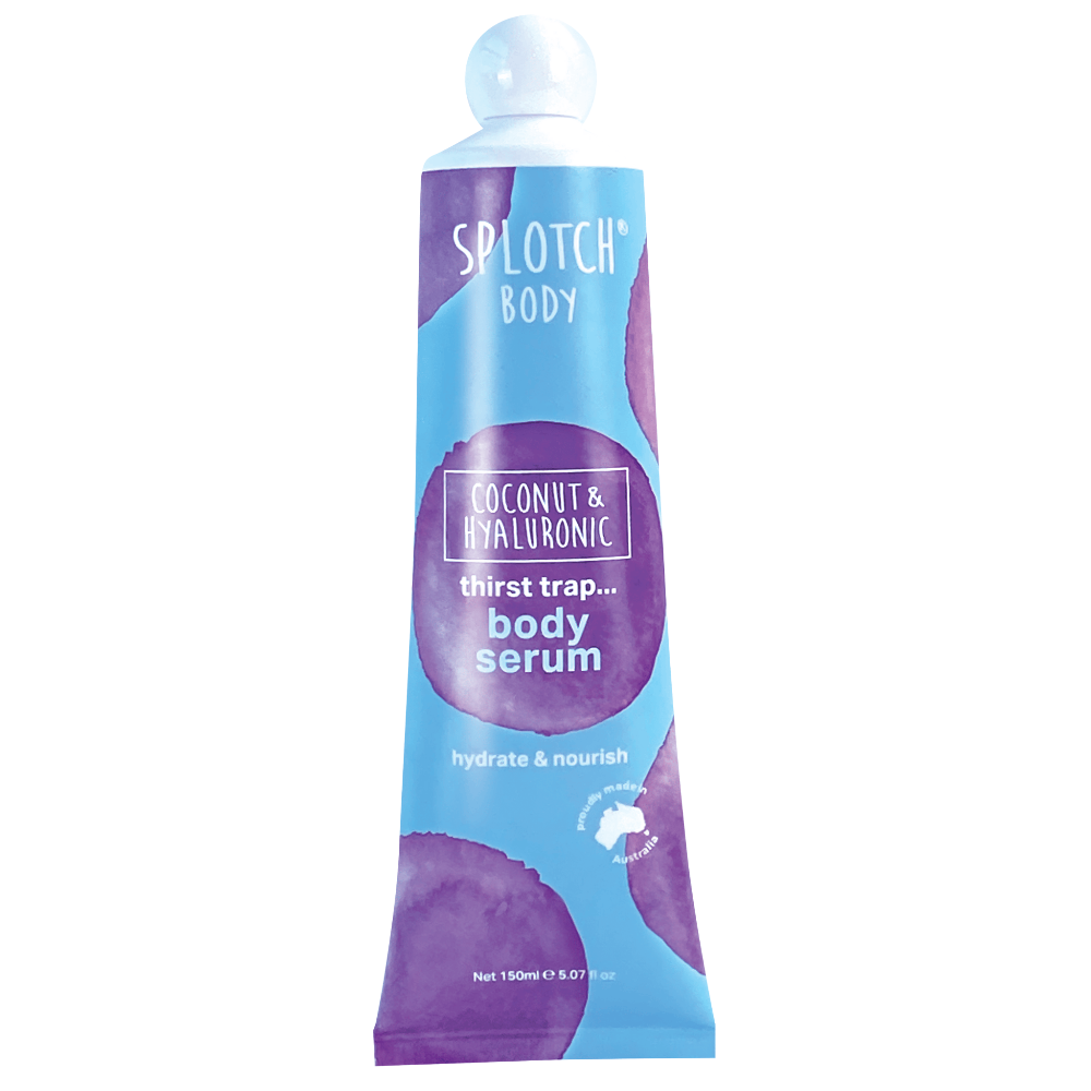 Splotch Body serum packaging with blue and purple design on a white background