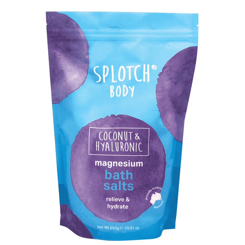 Splotch Body coconut and hyaluronic magnesium bath salts packaging on a white background