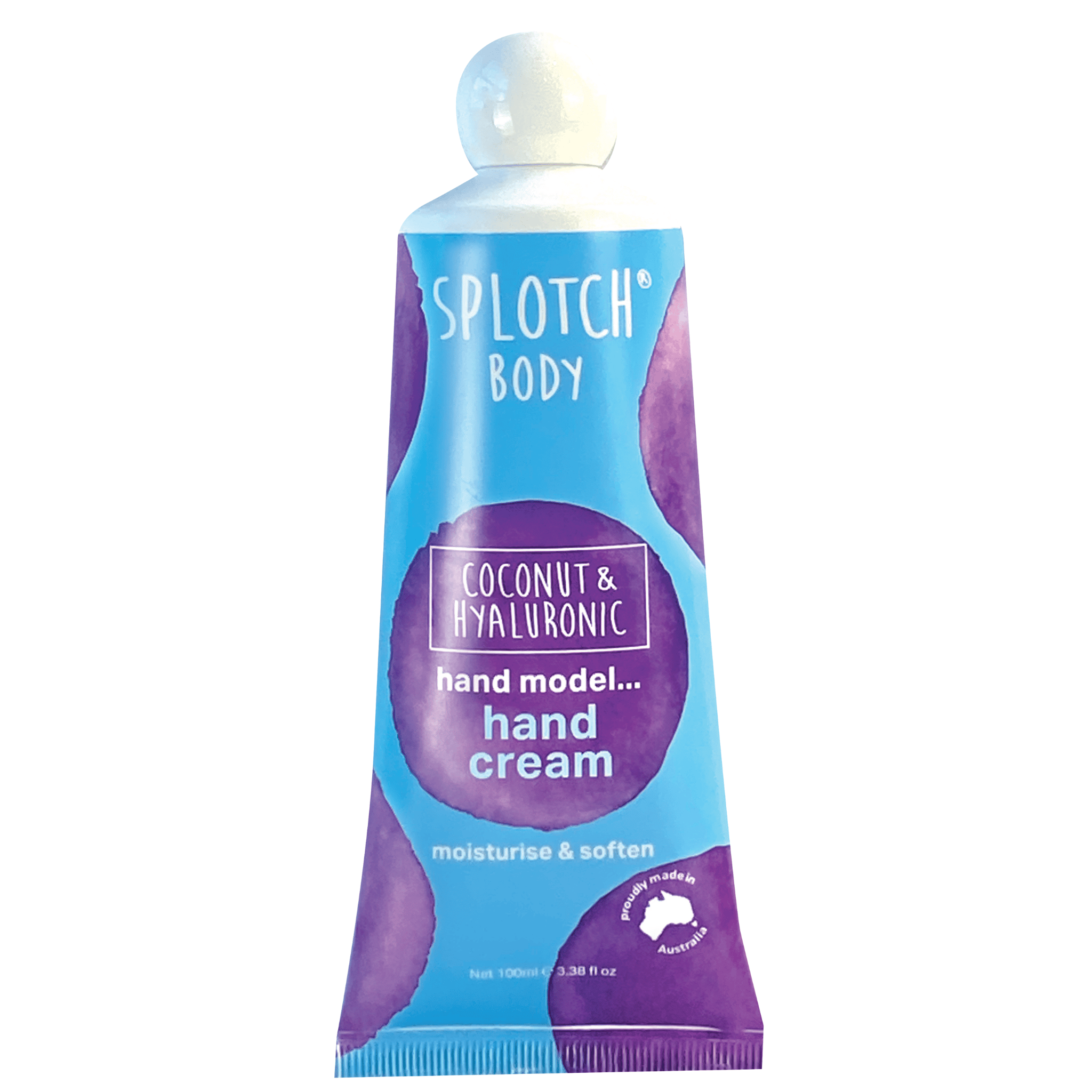 Splotch Body coconut and hyaluronic hand cream packaging on a white background