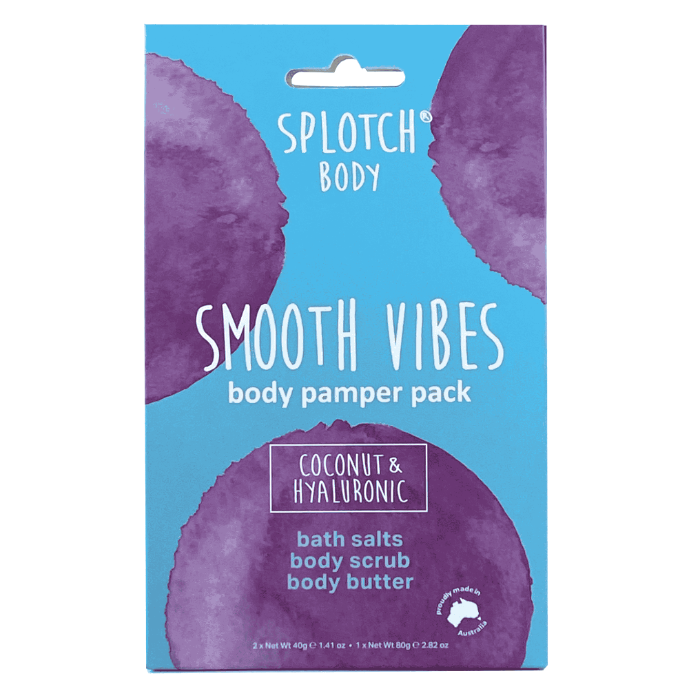 Splotch Body Smooth Vibes body pamper pack packaging with purple and blue design.