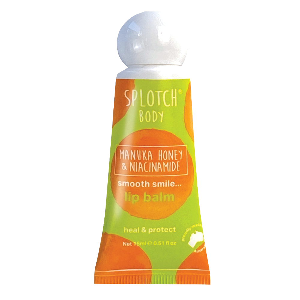 Splotch Body lip balm packaging with green and orange design on a white background