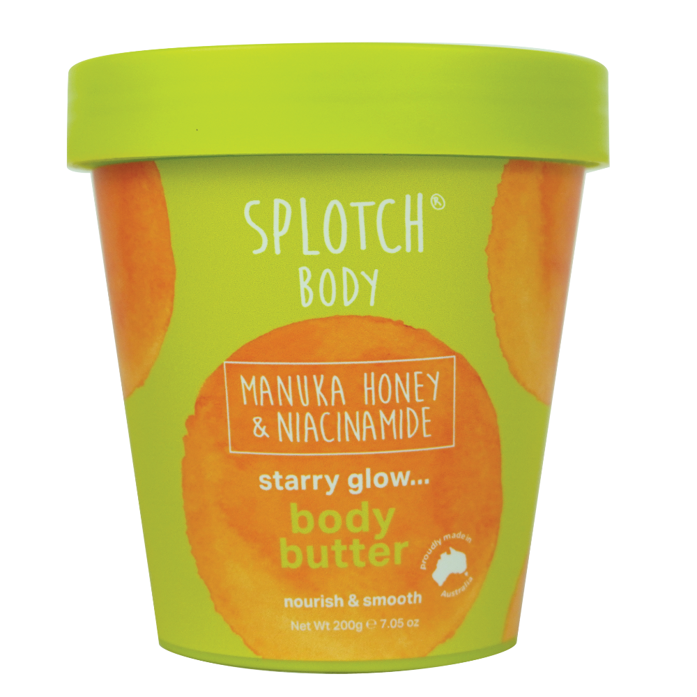 Splotch Body butter container with green lid and label on a white background