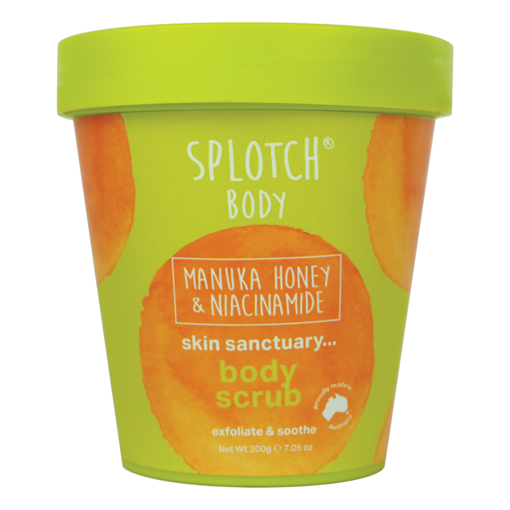 Splotch Body scrub container with green lid and orange packaging on a white background