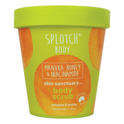 Splotch Body scrub container with green lid and orange packaging on a white background