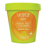 Splotch Body hair mask container with green lid and orange label on a white background