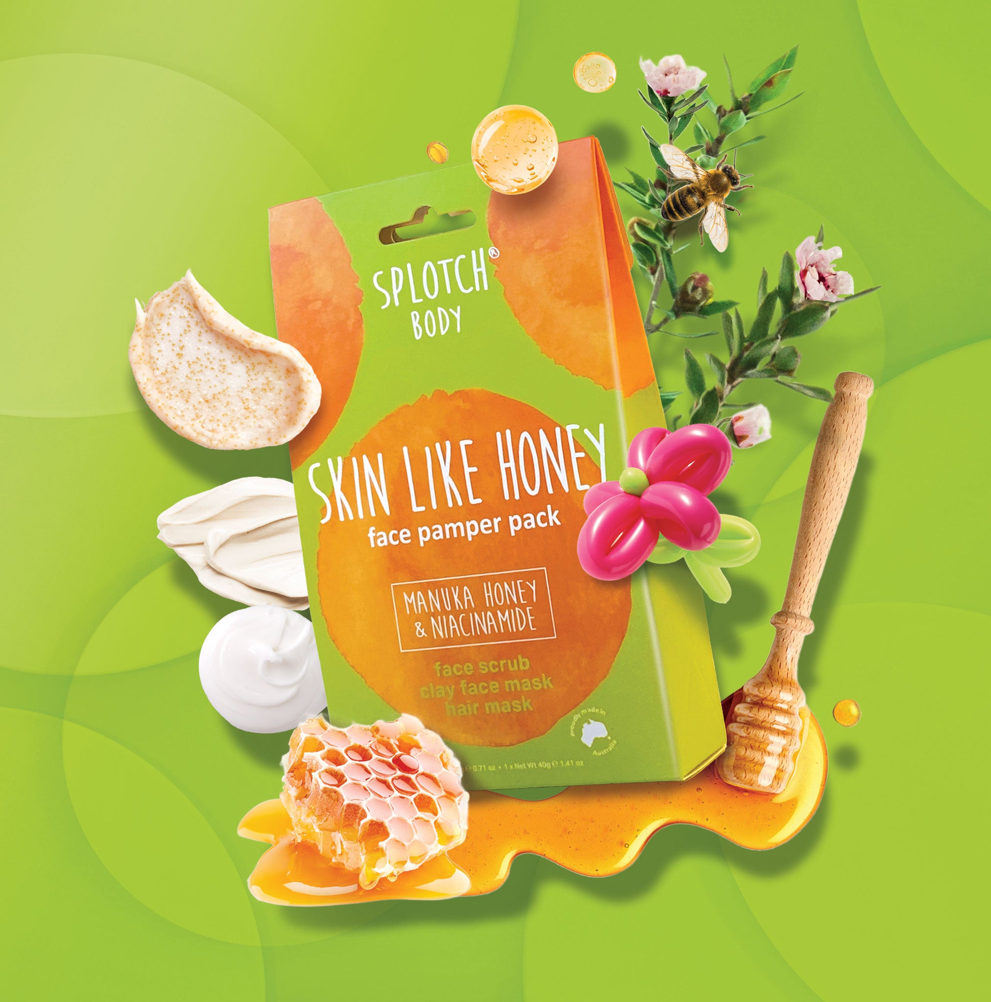 Packaging of 'Skin Like Honey' face pamper pack with natural elements on a green background