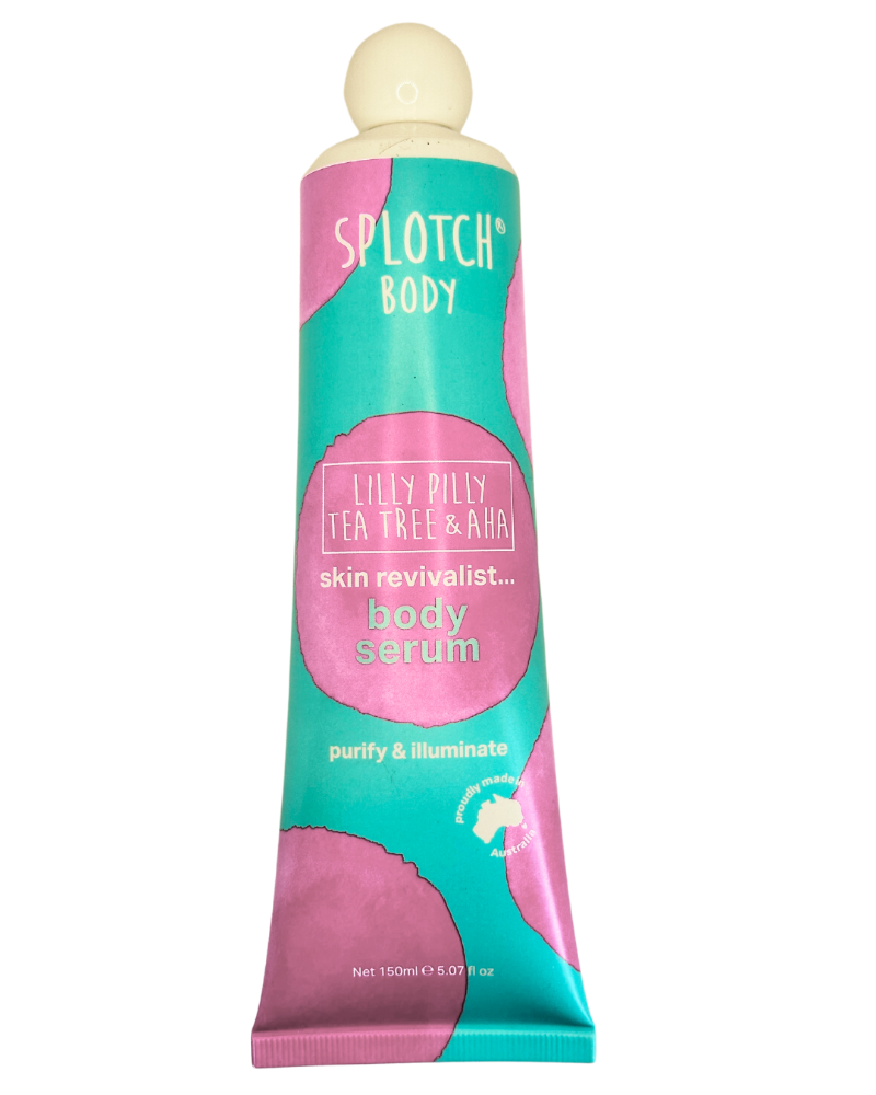 Splotch Body serum tube with pink and green design on a white background