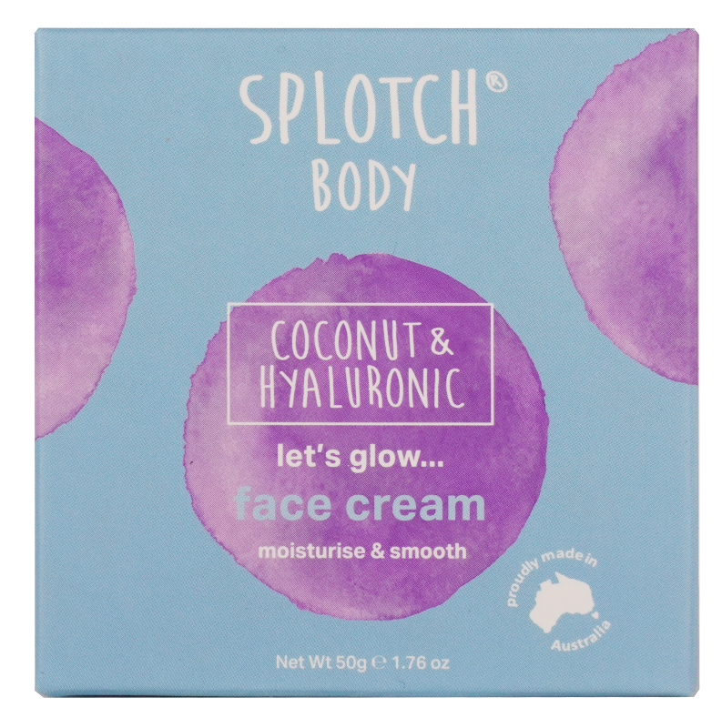 Splotch Body coconut & hyaluronic face cream packaging on a light blue background with purple accents.