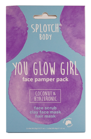 Splotch Body 'You Glow Girl' face pamper pack packaging with purple and blue design.