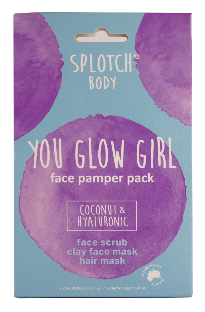 Splotch Body 'You Glow Girl' face pamper pack packaging with purple and blue design.