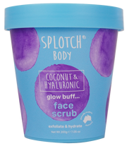 Splotch Body coconut and hyaluronic face scrub container with blue lid and purple design.