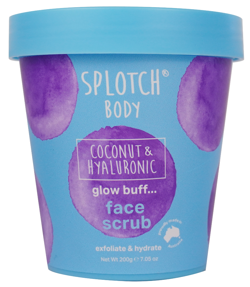 Splotch Body coconut and hyaluronic face scrub container with blue lid and purple design.