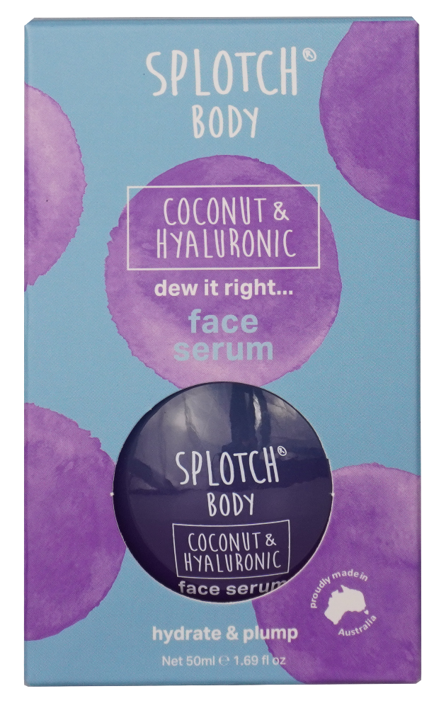 Splotch Body coconut and hyaluronic face serum packaging with purple and blue design.