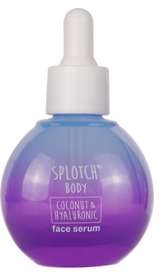 Splotch Body coconut & hyaluronic face serum bottle with gradient purple and blue design on a white background
