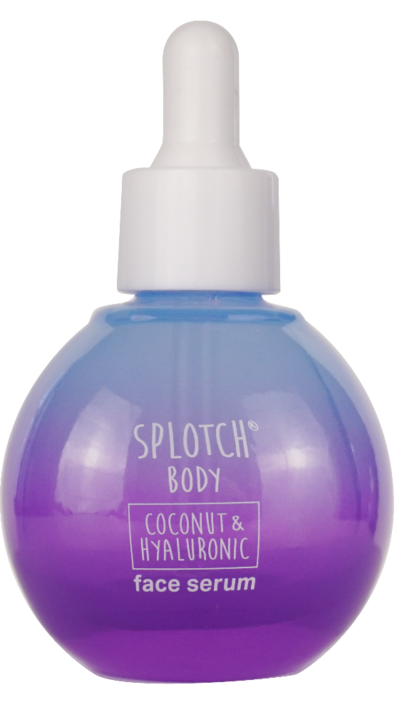 Splotch Body coconut & hyaluronic face serum bottle with gradient purple and blue design on a white background