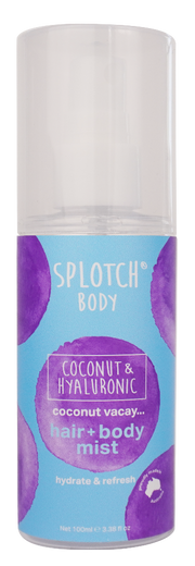 Splotch Body hair and body mist with coconut and hyaluronic acid on a white background