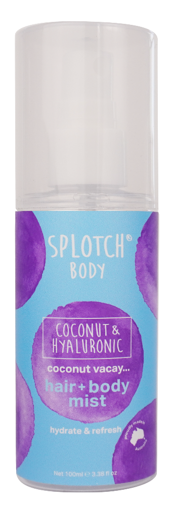 Splotch Body hair and body mist with coconut and hyaluronic acid on a white background