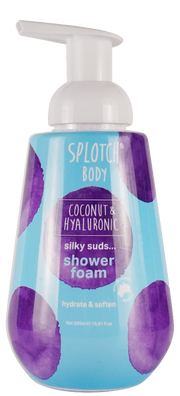 Foam pump bottle of Splotch Body coconut and hyaluronic shower foam on a white background
