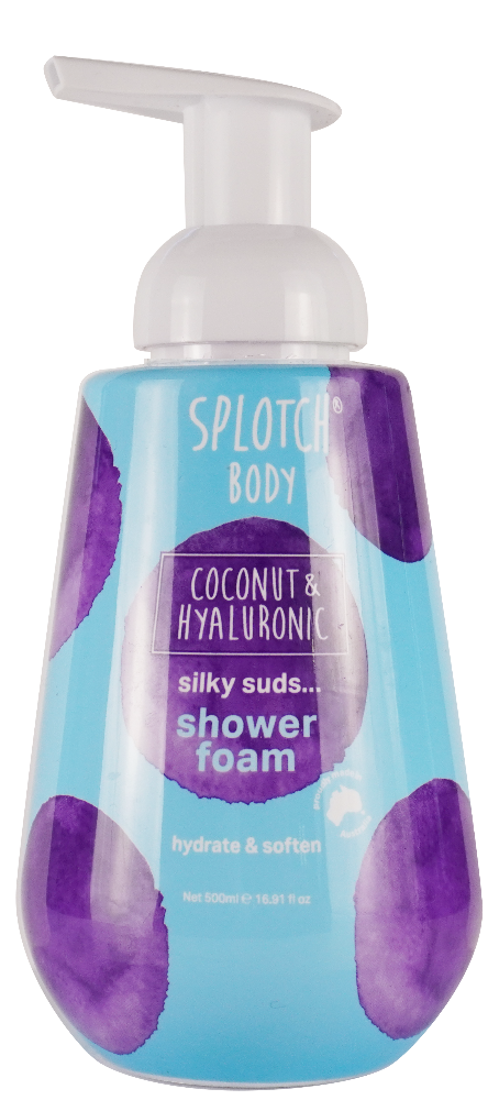 Foam pump bottle of Splotch Body coconut and hyaluronic shower foam on a white background