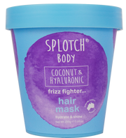 Splotch Body Coconut & Hyaluronic hair mask container with blue lid and purple label.