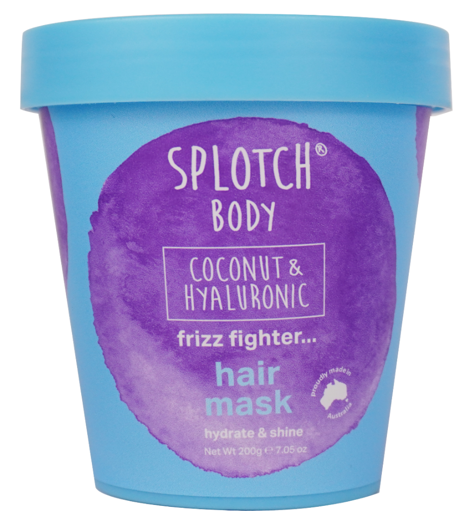Splotch Body Coconut & Hyaluronic hair mask container with blue lid and purple label.