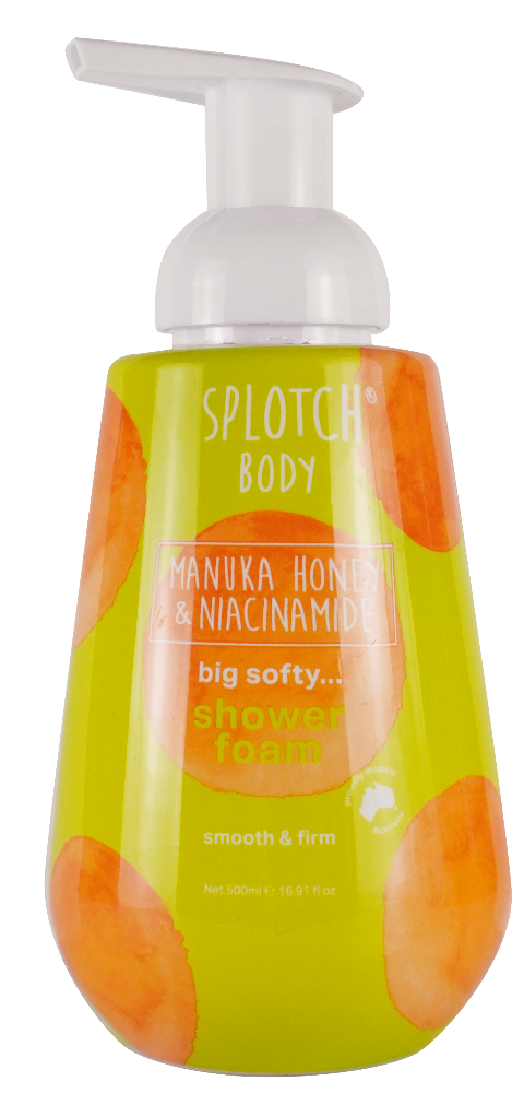 Splotch Body Manuka Honey & Niacinamide shower foam bottle on a white background