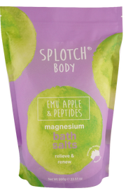 Purple package of Splotch Body Emu Apple & Peptides magnesium bath salts with green leaves on a white background.