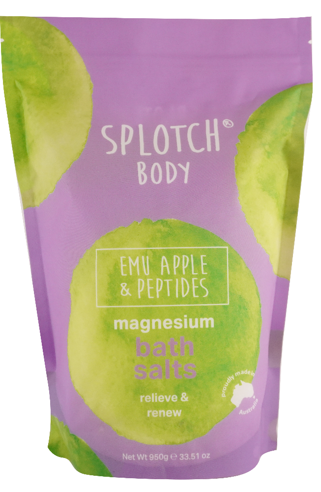 Purple package of Splotch Body Emu Apple & Peptides magnesium bath salts with green leaves on a white background.