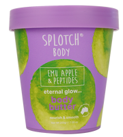 Splotch Body Emu Apple & Peptides body butter container with purple lid and green label.