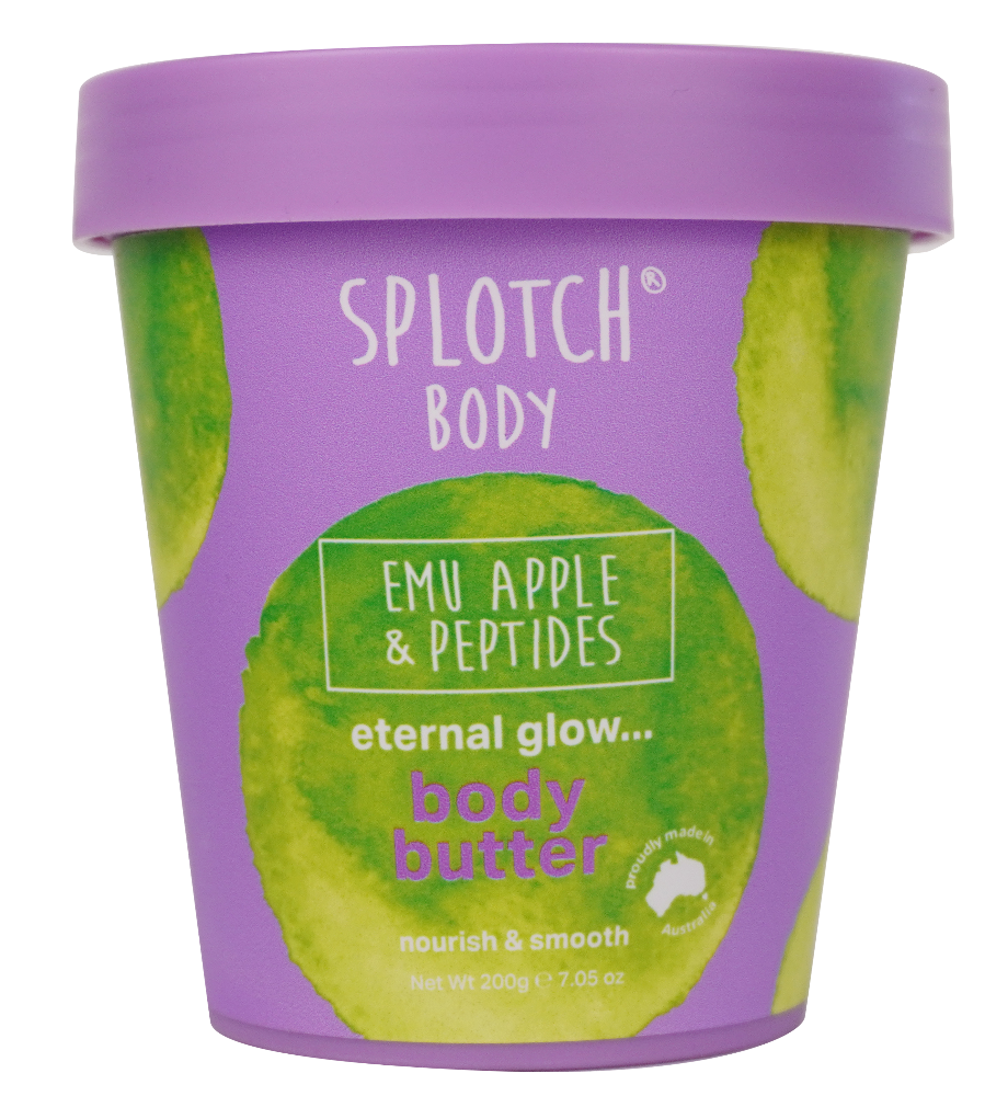 Splotch Body Emu Apple & Peptides body butter container with purple lid and green label.