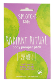 Splotch Body Radiant Ritual body pamper pack with green circles on a purple background