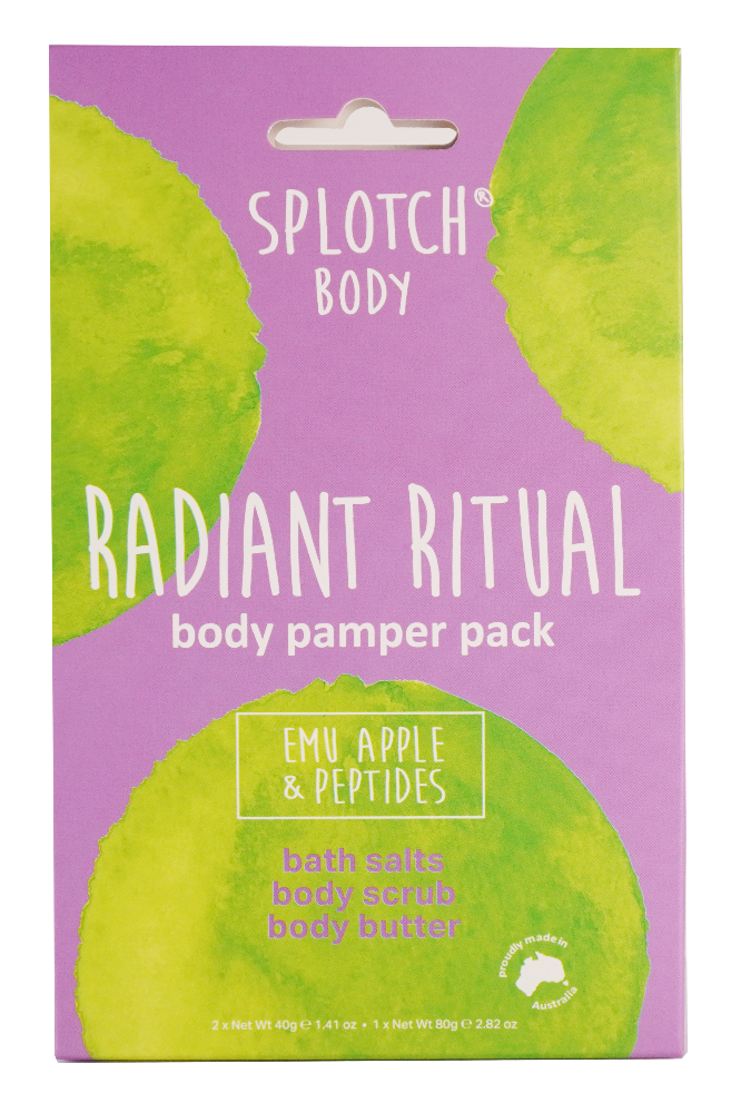 Splotch Body Radiant Ritual body pamper pack with green circles on a purple background