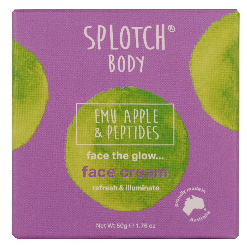 Splotch Body Emu Apple & Peptides face cream packaging on a purple background
