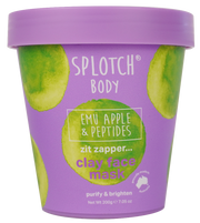 Splotch Body clay face mask container with purple lid and green packaging on a white background