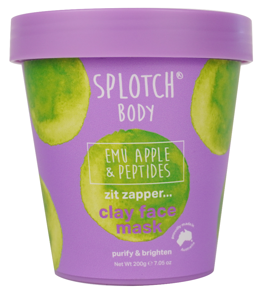Splotch Body clay face mask container with purple lid and green packaging on a white background