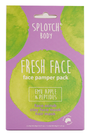 Splotch Body Fresh Face face pamper pack packaging with green circles and purple background