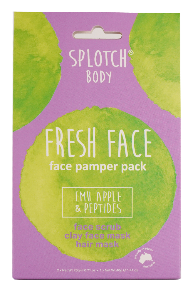 Splotch Body Fresh Face face pamper pack packaging with green circles and purple background