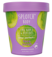 Splotch Body emu apple & peptides face scrub container with purple lid and green design
