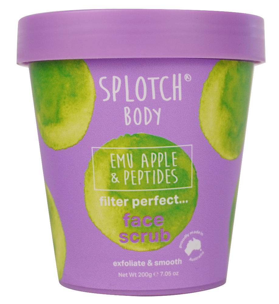 Splotch Body emu apple & peptides face scrub container with purple lid and green design