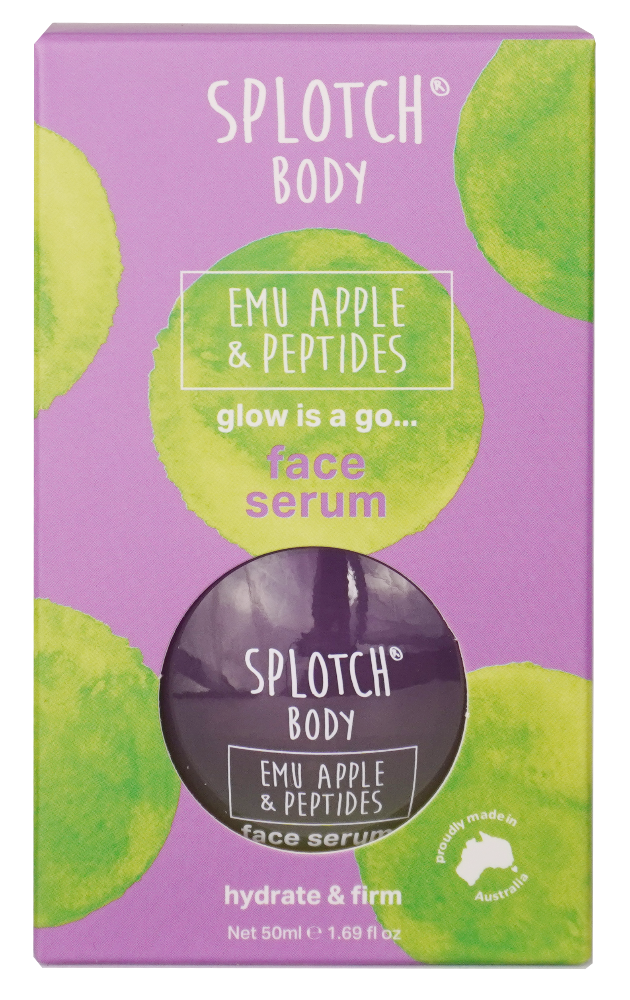 Splotch Body Emu Apple & Peptides face serum packaging on a purple background with green leaves.