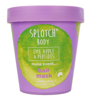 Purple and green hair mask container with 'Splotch' branding on a white background