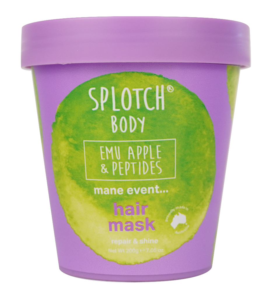 Purple and green hair mask container with 'Splotch' branding on a white background