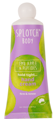 Splotch Body Emu Apple & Peptides hand cream tube on a white background