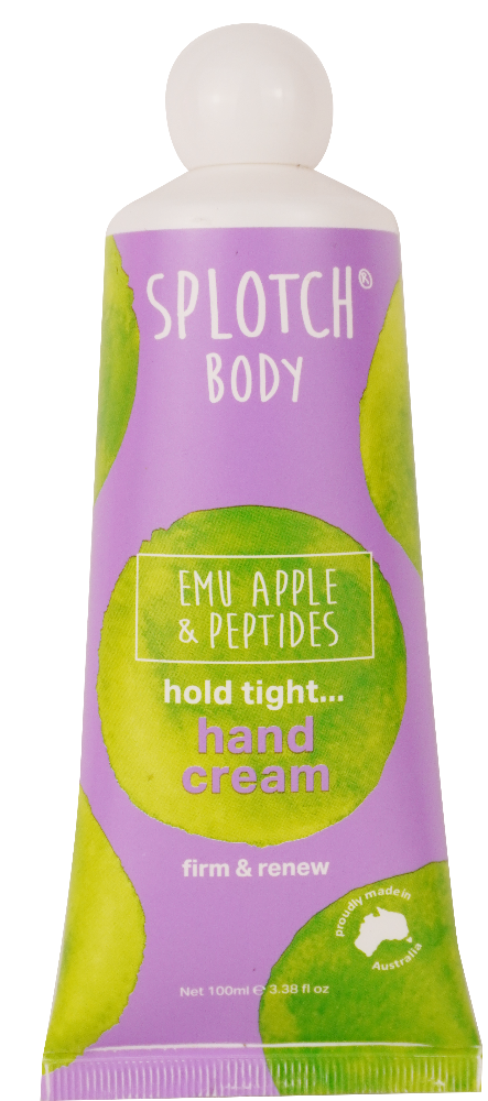 Splotch Body Emu Apple & Peptides hand cream tube on a white background