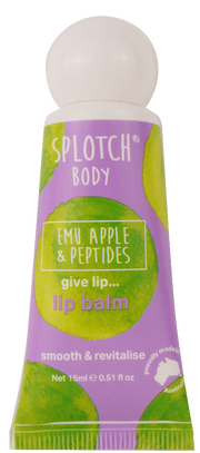 Splotch lip balm tube with purple and green design on a white background