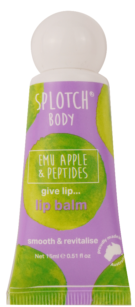 Splotch lip balm tube with purple and green design on a white background
