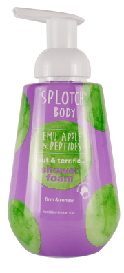 Purple and green shower foam with a pump labeled 'Splotch Body' on a white background